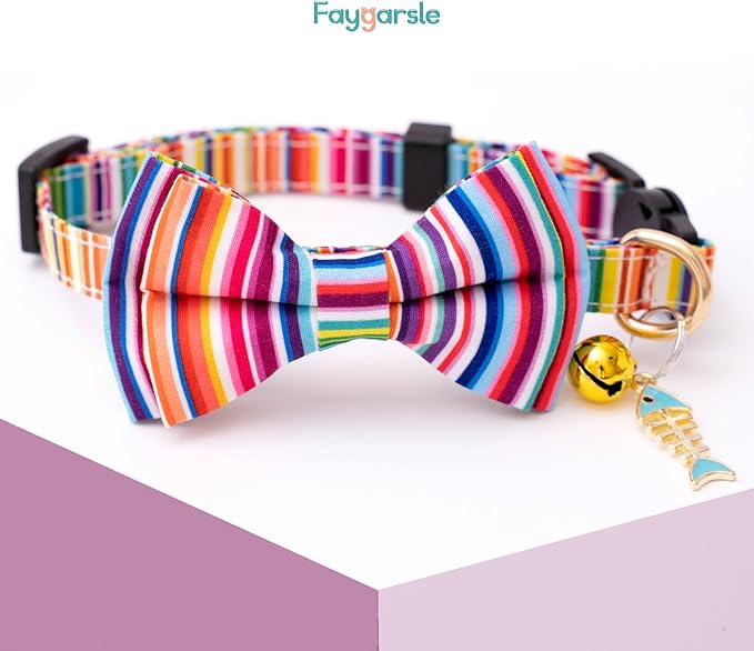 Faygarsle 2 Pack Breakaway Bowtie Cat Collar with Bell for Male Female Cats Fancy Yellow Blue with Toy Building Blocks Streaks Pattern Spring Summer Cat Collar for Boy Girl Cats