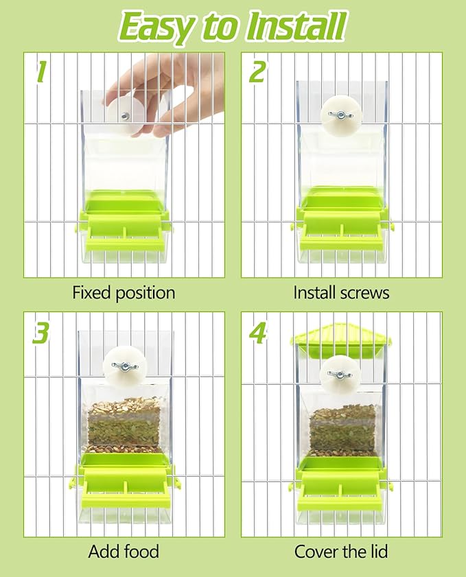 BNOSDM No Mess Automatic Bird Feeder 2 Pcs Anti-Splash Bird Feeder Acrylic Transparent Food Container Parrot Cage Accessories for Parakeets Budgies Lovebirds Cockatoos Conures Finches (Green)