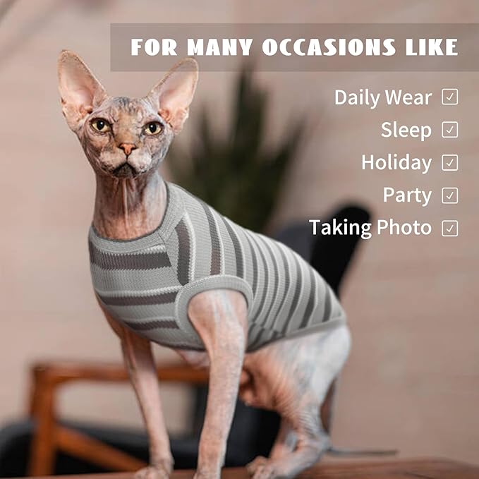 BRKURLEG Hairless Cats T Shirt, Cat Sweaters, Pullover Kitten Shirts, Sleeveless Round Collar Cotton Vest for Cornish Rex Devon Rex Peterbald and Small Dogs Sweater(Grey Stripes, S)