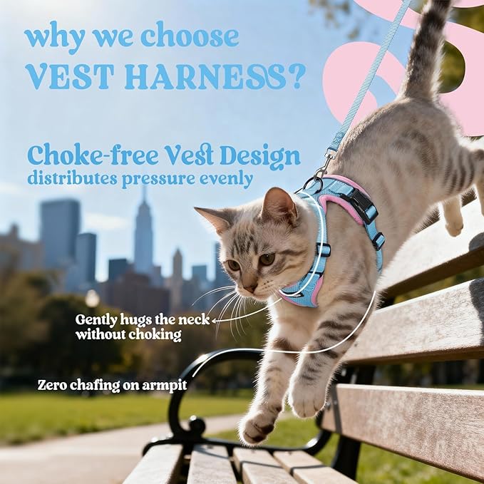 rabbitgoo Cat Harness and Leash for Walking, Escape Proof Soft Adjustable Vest Harnesses for Cats, Easy Control Breathable Reflective Strips Jacket, Light Blue&Pink, S