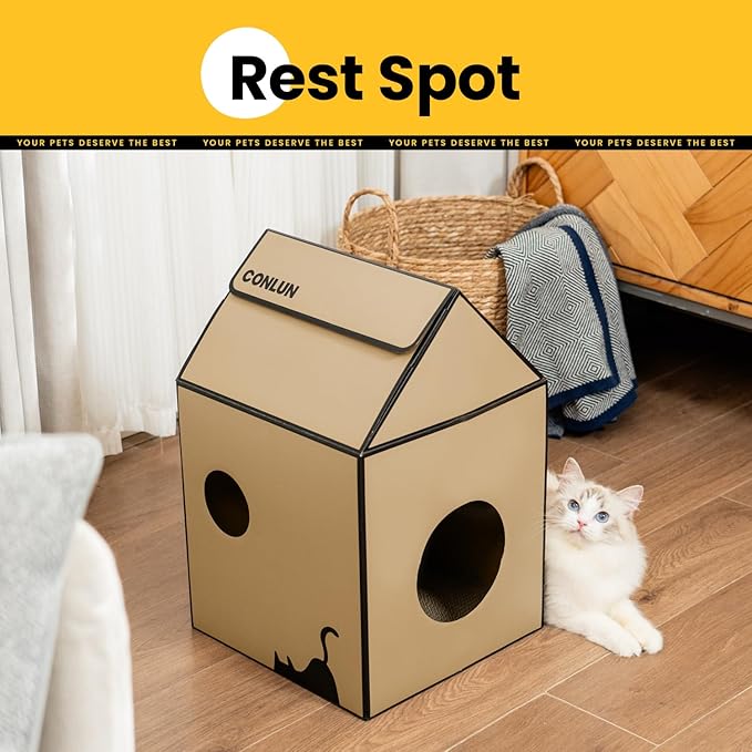 Cardboard Cat House with Scratch Pad & Catnip, Cat Play Scratching House for Indoor Hideaway Furniture, Heavy Duty Sturdy Cardboard Scratcher, Easy to Assemble Birthday Gift, Medium