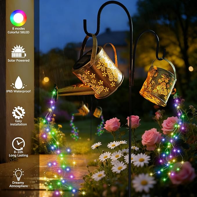 DDQ Solar Watering Can Lights, Warm White/Color LED with Shepherd Hook, IP65 Waterproof Metal Garden Decor, Auto On/Off for Patio Backyard for Mom Birthday Christmas
