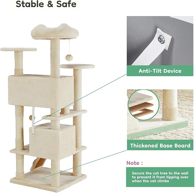 Cat Tree Tower, 54-Inch Cat Tree for Indoor Cats, Multi-Level Furniture Activity Center Cat Tower with Scratching Post, Beige