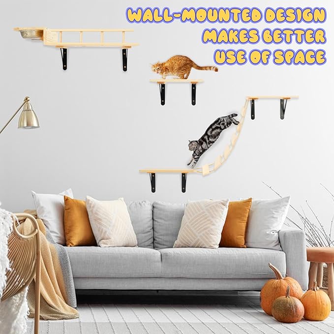 Cat Wall Shelves - Stable & Safe 5 in 1 Cat Walls Furniture Set, Wooden Kitten Climbing Wall with Bridge Ladder & Wall Steps