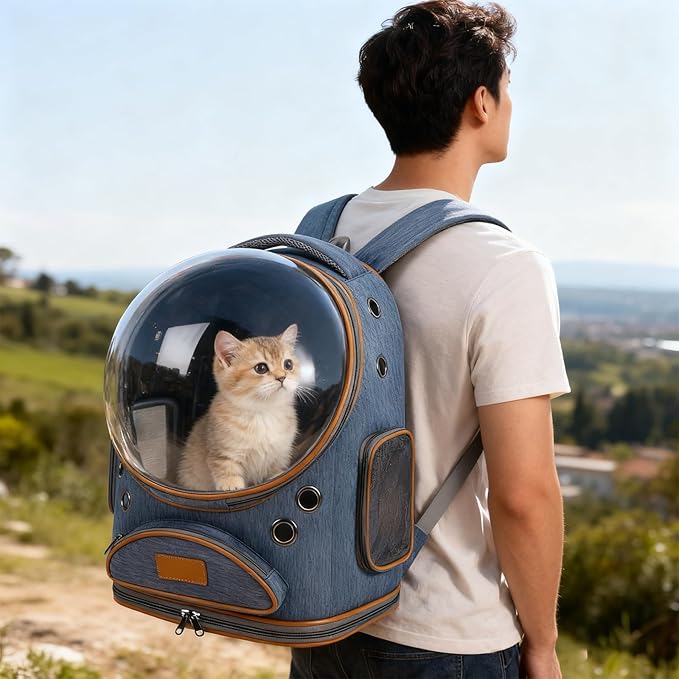 Cat Backpack Carrier, Breathable Pet Carrier Backpack Large Space Bubble for Small Dog and Large cat up to 18lbs, Transparent & Foldable Pet Carrier for Travel Hiking (Cowboy Blue)