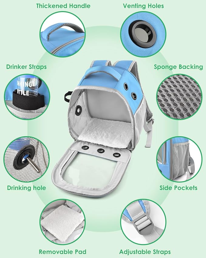 Guinea Pig Carrier Backpack, Portable Rabbit Travel Carring Bag for Pet Bunny Chinchilla Bearded Dragon Hamster Parrot Outgoing Pouch Case with Water Bottle Holder & Detachable Pad (Sky Blue)