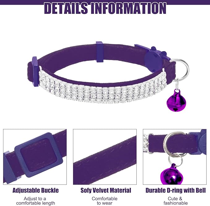 EXPAWLORER Soft Velvet Safe Cat Collars for Girl Cats -2 Pack Rhinestones Bling Diamante Adjustable Collars Breakaway- Chirstmas Cat Clollar Gifts with Bells for Boy Cats Kitty and Small Dogs