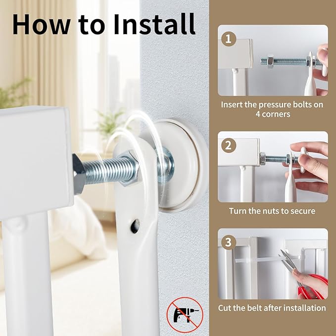 59“ Extra Tall Cat Gate for Doorway: 33.4-37.4” Wide Pet Gate, Auto Close/One Handed Open, 1.34” Extra Small Gap, No Drill Pressure Mount Tall Cat Gate for Interior Stairs/Kitchens/Hallways (White)