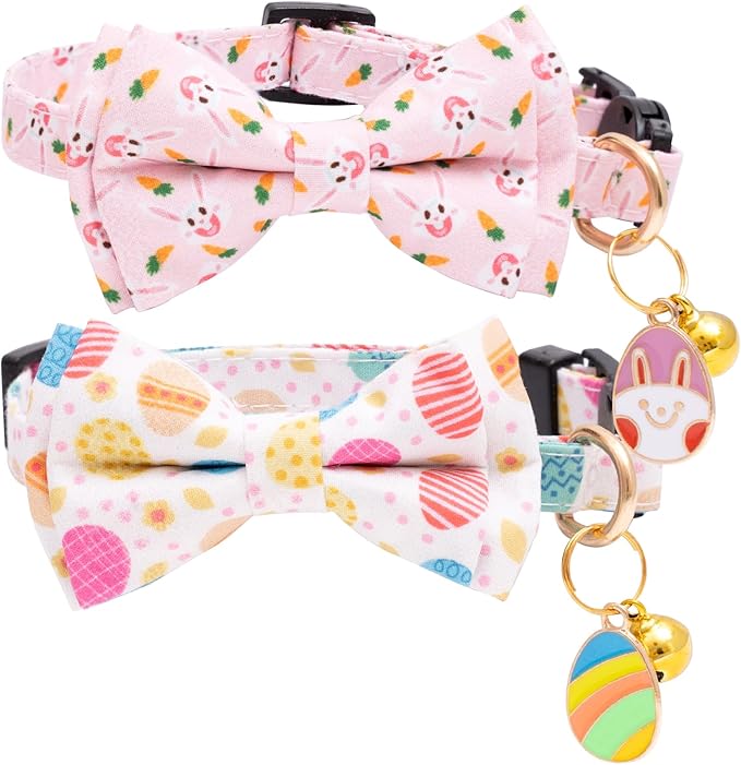 Faygarsle 2 Pack Easter Day Cat Collar Cute Rabbit Easter Eggs Printed Collar with Bow tie Breakaway Pink Beige Cat Collar for Boy Girl Cats
