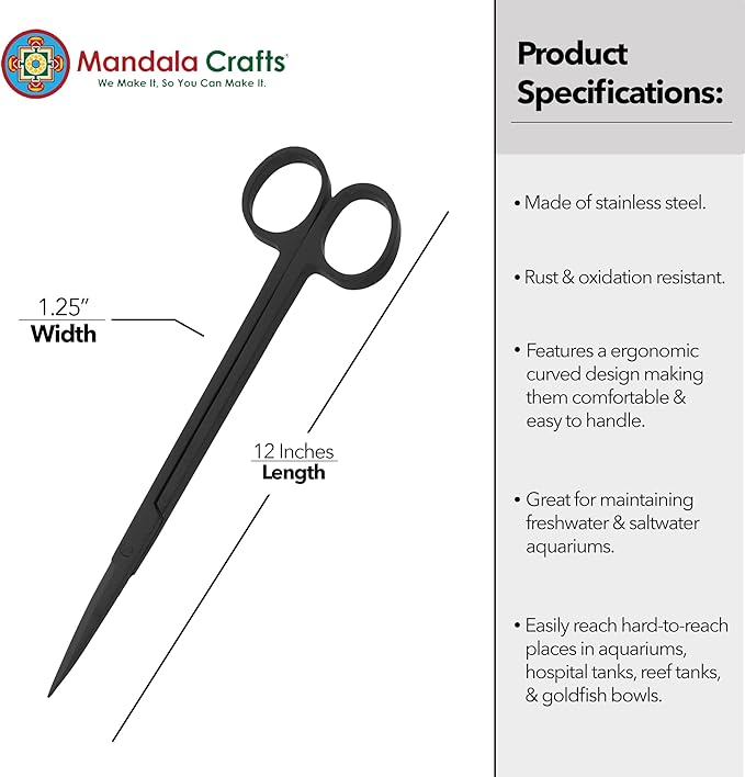 Mandala Crafts 12 Inches Black Stainless Steel Straight Aquarium Scissors for Trimming Aquatic Plants – Long Aquascape Scissors for Fish Tanks, Hospital Tanks, Goldfish Bowls, and Terrariums