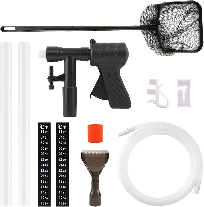 Aquarium Gravel Cleaner, Fish Tank Cleaner Kit, Aquarium Manual Press Noiseless Water Changer, Including Net,Thermometers & Cleaning Accessories for Fish Tank Maintenance