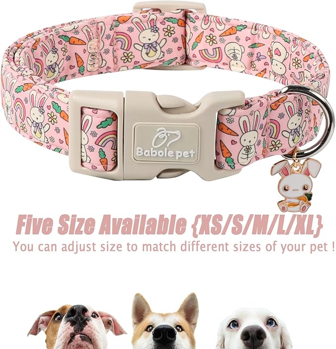 Easter Dog Collar for Medium Dogs - Pink Girly Bunny Dog Collars, Cute Girl Dogs Easter Collar, Adjustable Female Spring Holiday Pet Collars with Quick Release Buckle M