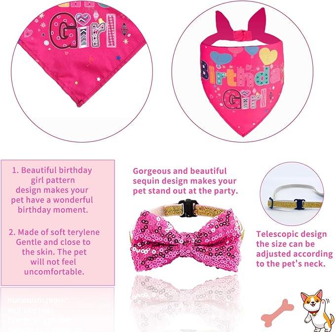 Hot-Pink Dog Birthday Party Supplies Pet Birthday Bandanas Girl Doggy Birthdays Hat Bow Tie Greeting Card Numbers It’s My Bday Mother Puppers Sign Banner for Medium Large Pets