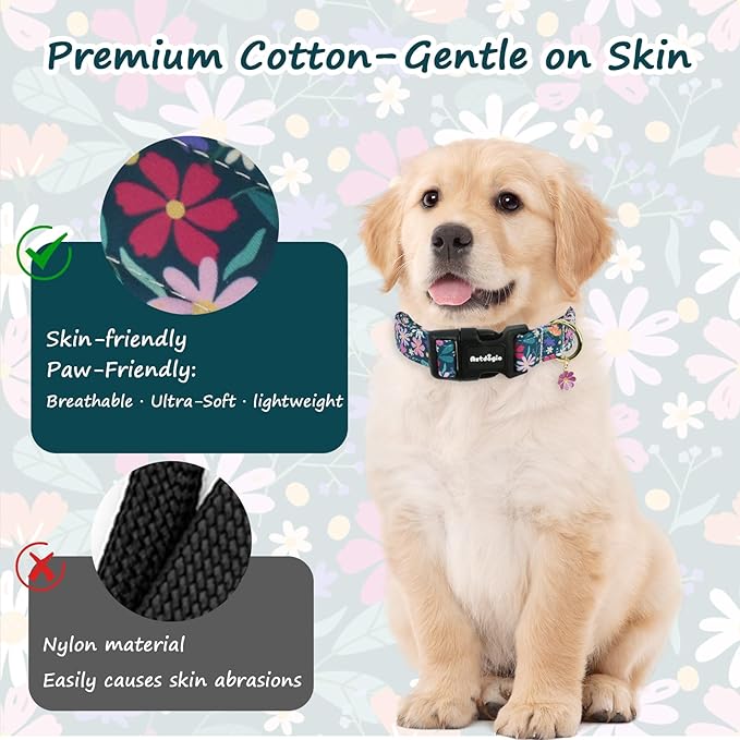 Dog Collar for Small Dogs, Spring Dark Green Dog Collars with Flowers Pattern, Adjustable Cotton Dog Collars, Cute Girl or Boy Dog Collar Ideal for Gifts,Pet Accessory