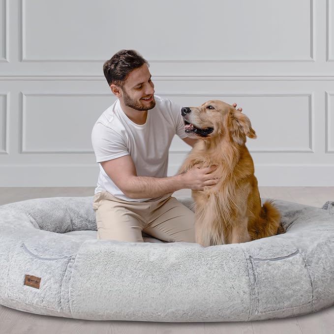 Giant Human Sized Dog Bed for Adults and Pets, 74"x50"x12" Pressure Relieving Memory Foam for Ultimate Comfort, Waterproof & Machine Washable Cover, Family Bedroom Lounger, Grey White
