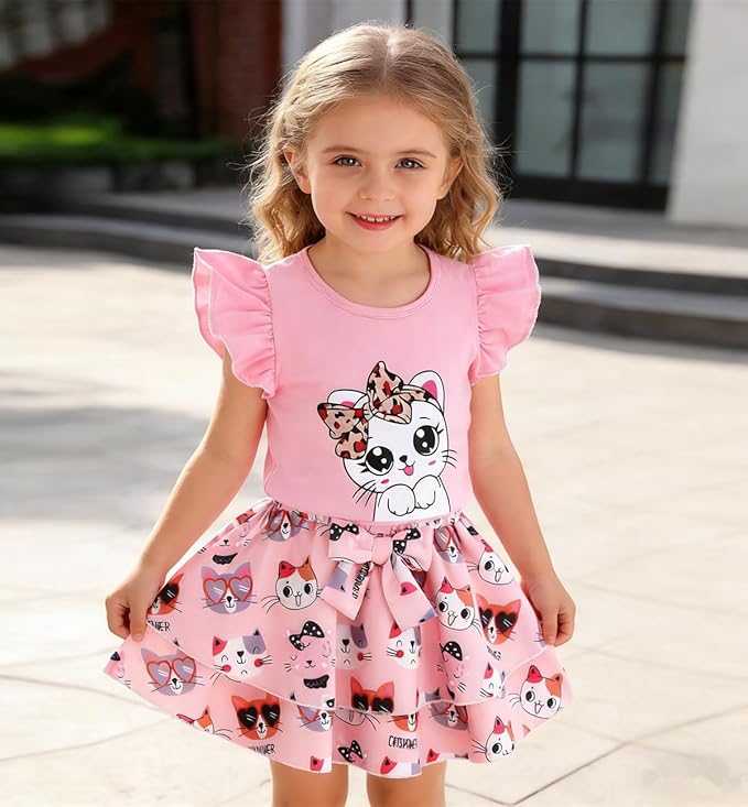 Girls Skirt Set 2 Piece Outfit Toddler Summer Clothes Ruffle Sleeve T-Shirt Bow Knot Tutu Skirt Outfit Set