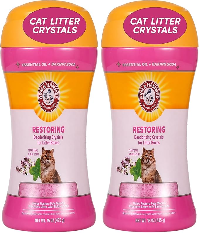 Arm & Hammer Restoring Cat Litter Box Deodorizing Crystals, Litter Deodorizer Additive to Help Absorb Odors and Restore Freshness Between Changes, Clary Sage & Mint Scent, 15 Oz - 2 Pack