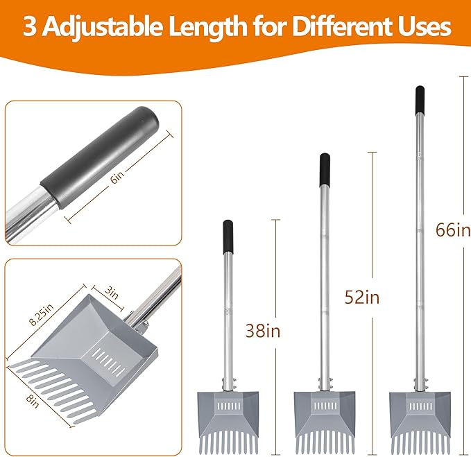 Heavy Duty Pooper Scooper 66in Tempered Spring Steel Scoop Long Stainless Steel Handle Dog Pooper Scooper for Large Dogs Outdoor Pet Waste Removal Shovel