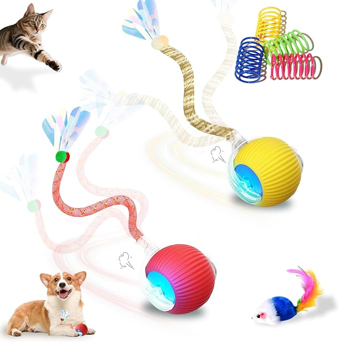 Interactive Cat Toys Ball for Indoor Cats＆Dogs,Automatic Cat Toy 360° Auto-Rotation Smart Obstacle Avoidance,Includes 4 Cat Spiral Spring,Cat Enrichment Toys for Indoor Cats (RedYellow)