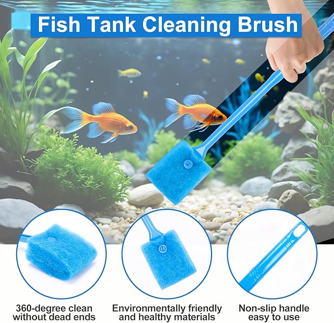 Fish Tank Cleaner, Aquarium Cleaning Tools Set of 3 Pieces, Include Algae Scraper for Glass Aquariums Fish Net for Fish Tank Aquarium Brush Suitable for Saltwater and Freshwater Aquarium