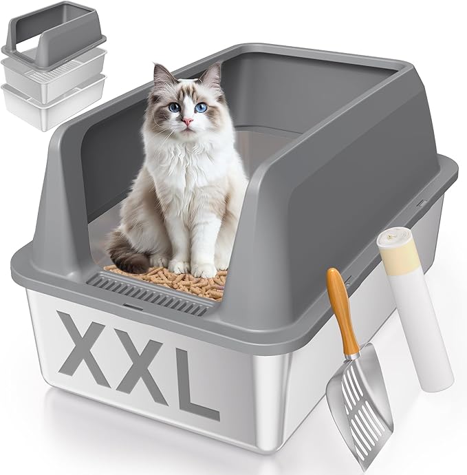 Stainless Steel Sifting Litter Box with Lid, High Sides XXL Extra Large Sifting Cat Litter Box for Pine Pellets & Big Cats, Sifter Litter Pan System for Odor Control,Sifting Box Liners & Scoop