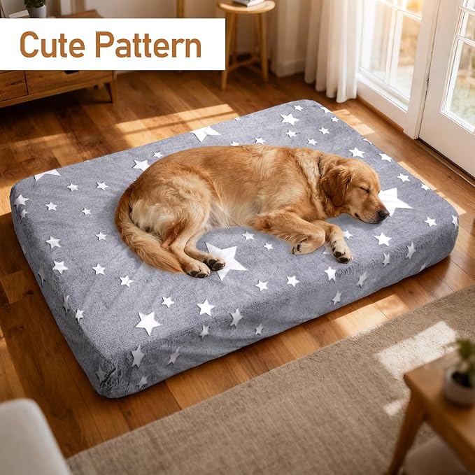 Flannel Waterproof Dog Bed Covers Replacement Washable, Elastic Edged Dog Bed Sheet with Glow in the Dark Star Design for Large & Medium Pet Beds, Cover Only (Gray, 52.0"L x 28.0"W x 5.0"Th)