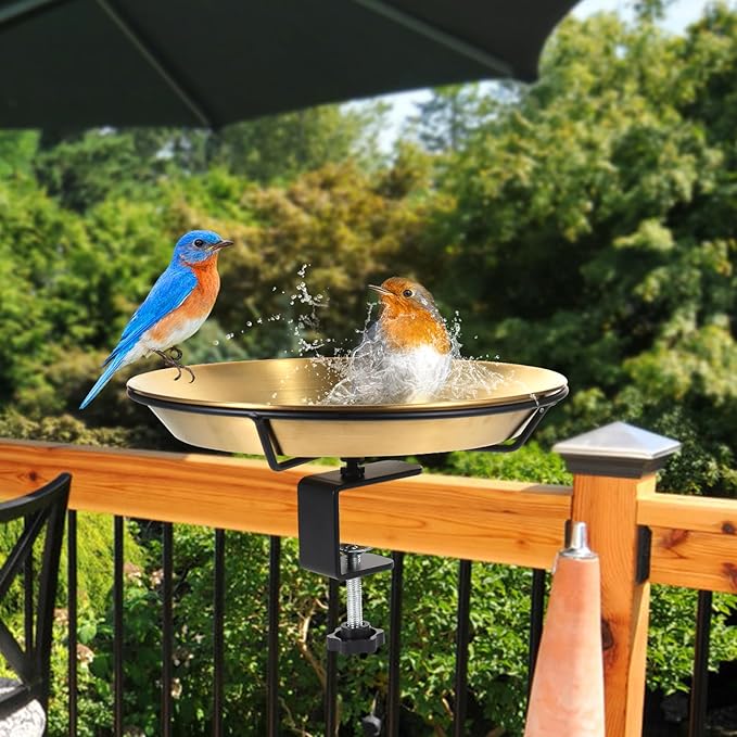 Deck Mounted Bird Bath Bird Feeder Bowl with 1.8 inch Thick Iron Clamp - Detachable Outdoor Decor for Garden Backyard Patio and Deck - Perfect for Attracting Birds