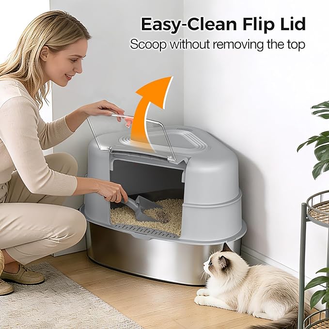 XL Stainless Steel Corner Cat Litter Box with Lid - Sturdy, No Odor & Space-Saving Hidden Design for Large Cats, Grey