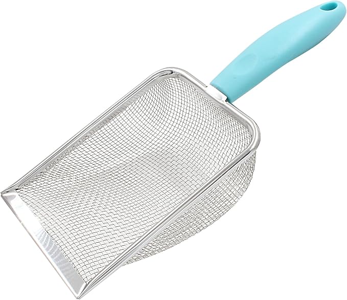 Hordion Cat Litter Scoop Stainless Steel Mesh Scooper, 2mm Mesh Non-Stick Coated Metal Litter Shovel Fine Sand Litter Scooper for Litter Box Kitten Pooper Lifter, Cyan