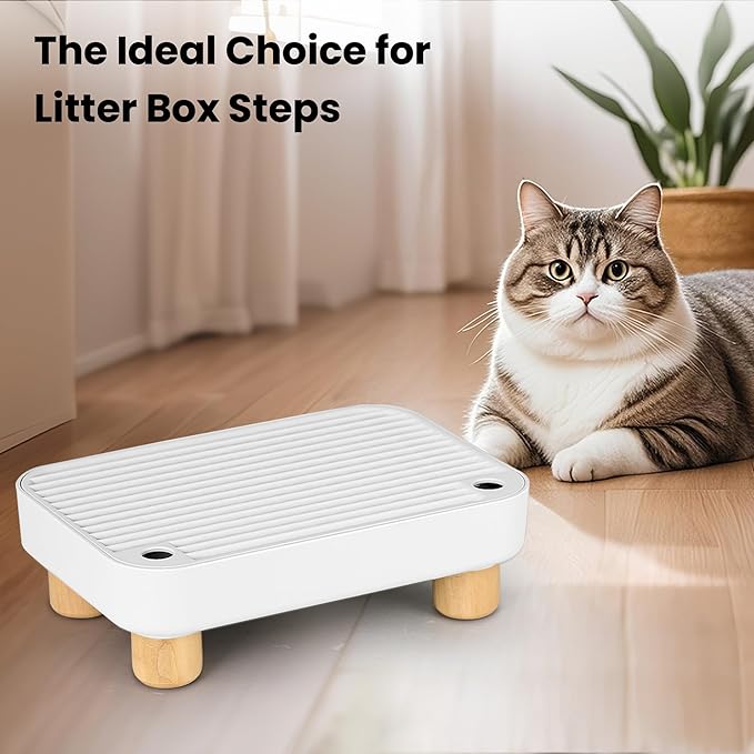 Litter Box Step, Litter Box Ramp/Catcher with Wooden Base, Anti-Tracking & Easy to Clean, Ideal for Small & Elderly Cats (White)