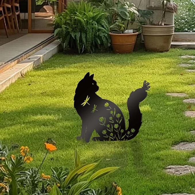 Bnesi Floral Long-Haired Cat Yard Decor Pet Grave Markers Metal Sign Silhouette Garden Ornament Pet Grave Markers Outdoor Cat Memorial Gift Flowerbed Decor (Elegant)