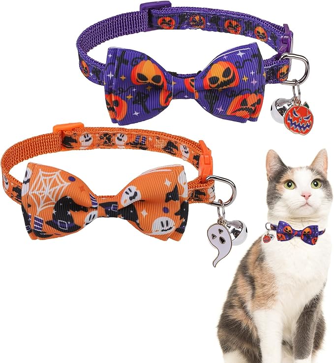 SCENEREAL Halloween Cat Collar Breakaway 3 Pack, Safety Collars, Pet Accessory for Outdoor and House Cats Kittens, Orange Purple