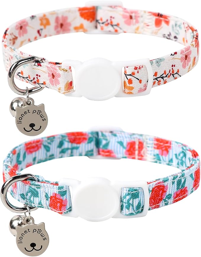 Lionet Paws 2pcs Pack Cotton Cat Collar,Breakaway Buckle with Rose Coreopsis and Brand Pendant Cute Adjustable Cat Kitten Collar,Ideal for Girl Cats