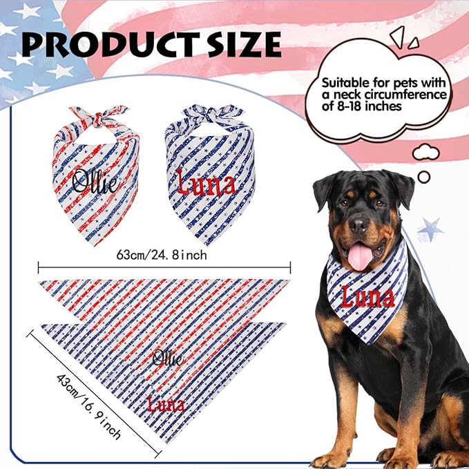 Personalized 4th of July Dog Bandana Embroidered Name Custom Neckwear Dog Scarf for Small Medium Large Dogs Cats Pets Birthday Gift