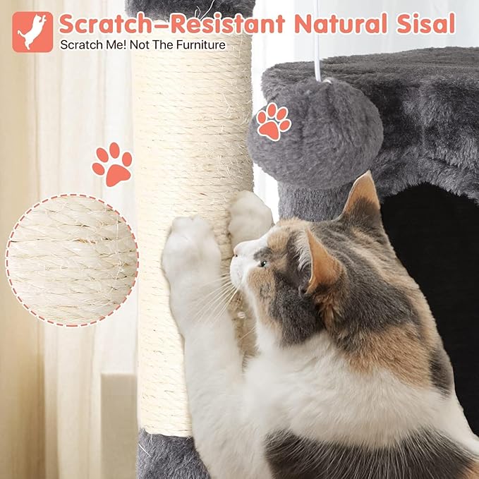 54in Cat Tree Cat Climbing Tower with Scratching Post, Cats House Perch Kitten Tree Condo Wood Playhouse, Pet Trees Tower for Indoor Cats, ASHY