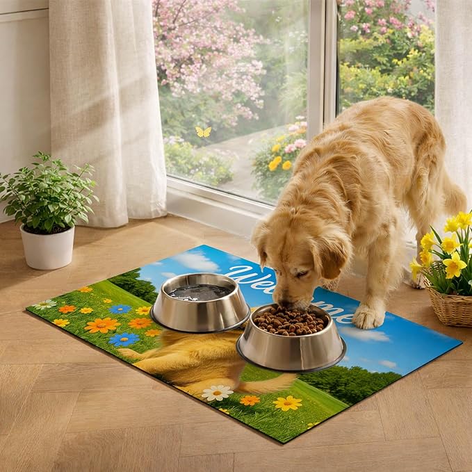 Welcome Spring Pet Feeding Mat 24" x 16" Non Slip Dog and Cat Food Mat Easy Clean Feeding Mat for Puppy and Kitten Cute Cat Feedings Mat for Indoor Cats Food and Water Mat for Pet Bowls