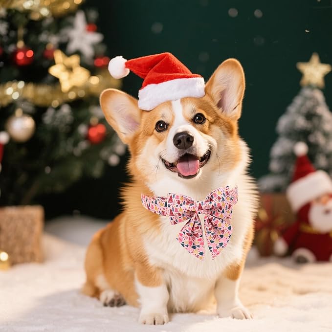 Christmas Dog Collar with Bow Tie, Pink Christmas Tree Collars for Dogs, Adjustable Pet Collar with Cute Xmas Tree Pendant, Winter Dog Accessories for Small Medium Large Dogs M