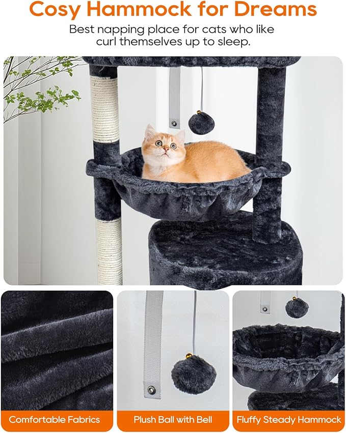 SYANDLVY Small Cat Tree for Indoor Cats, Cat Tower with Scratching Post, Modern Cat House with Padded Perch, Kittens Condo with Cradle, Smoky