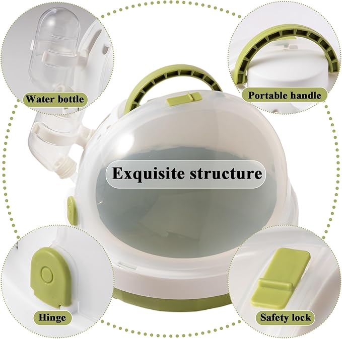 Portable Pet Travel Carrier with Water Bottle, Safety Lock, 6.3 inch Diameter, White and Green, Small Animal Transport Case for Hamster, Turtle, Bird