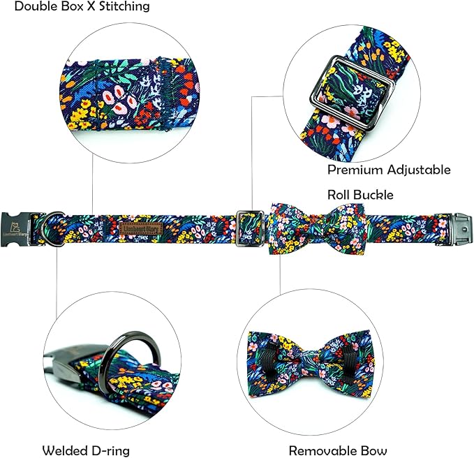 Lionheart glory Dog Collar Darkblue Flower Dog Bow Collars Floral Dog Collar with Bow Male or Female Spring Fall Pet Gift Durable Adjustable Dog Collar for Medium Dogs