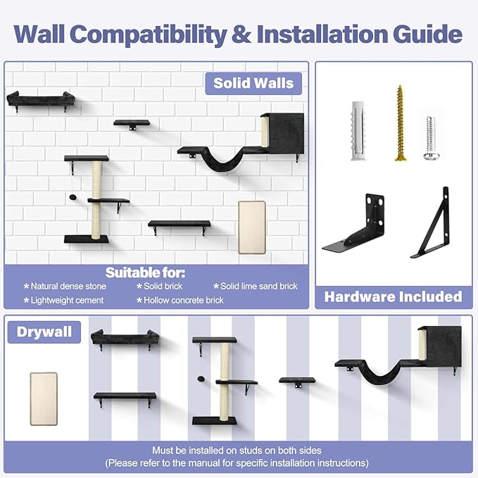 Cat Wall Shelves, Stable & Safe 6 in 1 Cat Furniture Set Black, for Cats to Climb, Hide, Lounge, and Scratch
