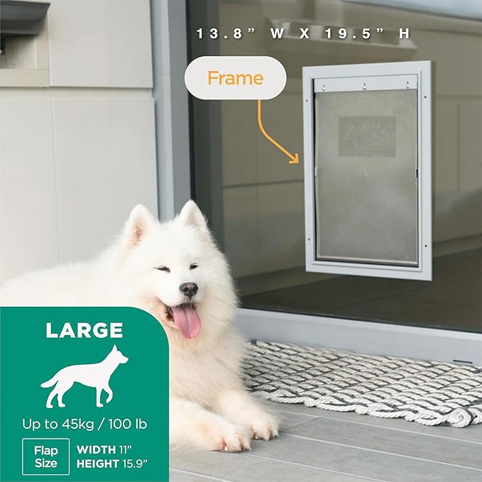 Hakuna Pets Deluxe Aluminum Pet, Cat and Dog Door with 2-Way Locking Panel for Screens, Doors and Walls up to 2.8" Thick, Large, Silver