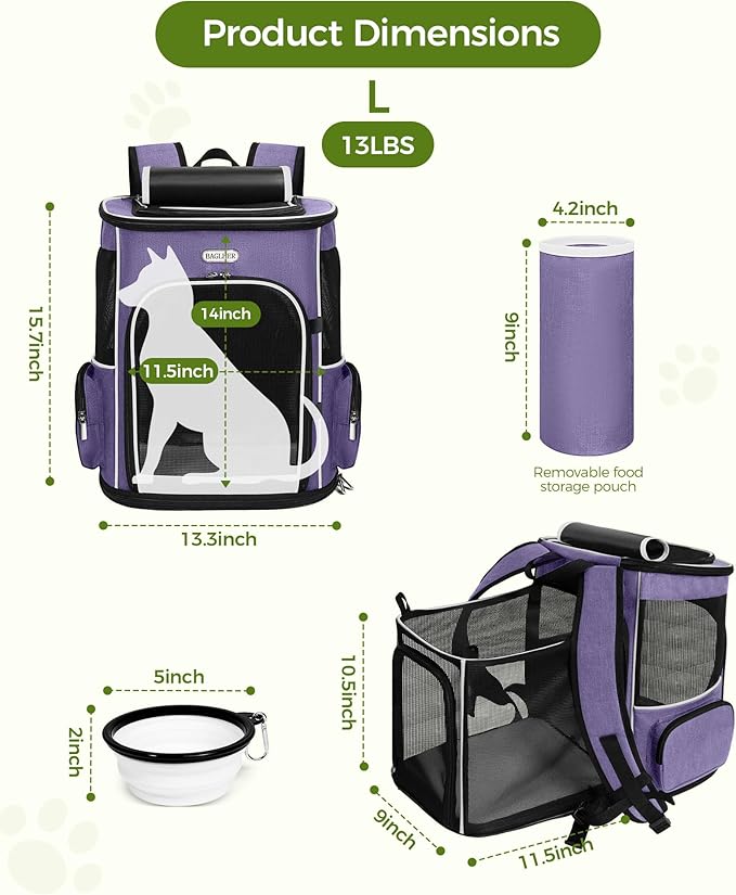BAGLHER Expandable Cat Carrier Backpacks, Retractable Pet Carrier Backpack for Small Dogs & Cats with Breathable Mesh, Travel Bag Up to 18 Lbs for Hiking Camping Outdoor - Purple