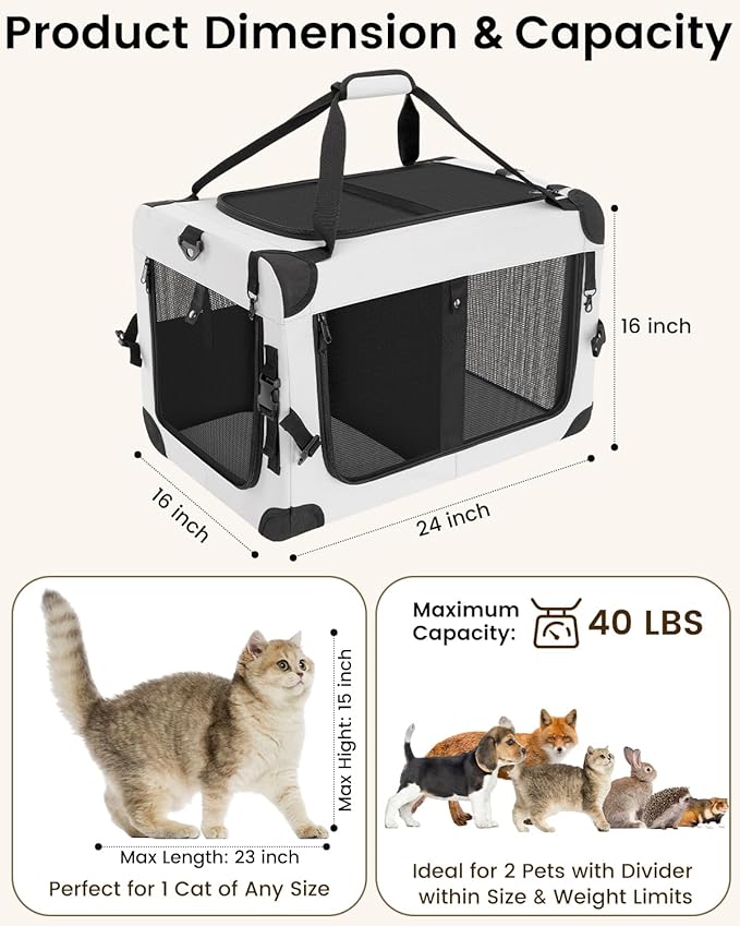 Extra Large Cat Carrier for 2 Cats with Divider, Double Soft-Sided Pet Carrier for Small Dogs, Puppies & Rabbits, Collapsible Travel Carrier with Removable Cozy Pad & Storage Pockets