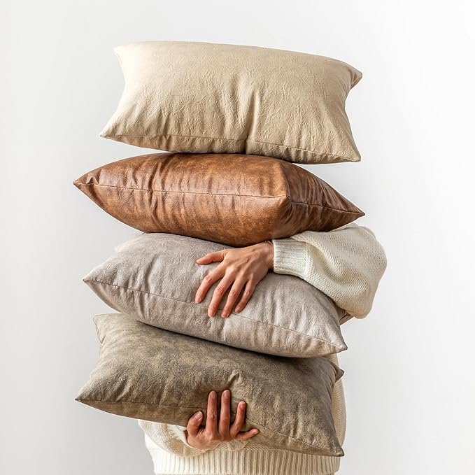 Pack of 2 Oversized Leather Pillow Cover Neutral Decorative, Beige Modern Boho Abrasion Floor Cushion Covers, for Home Decor Outdoor Waterproof Pet Hair Resistant Throw Pillow Covers 28x28 inch
