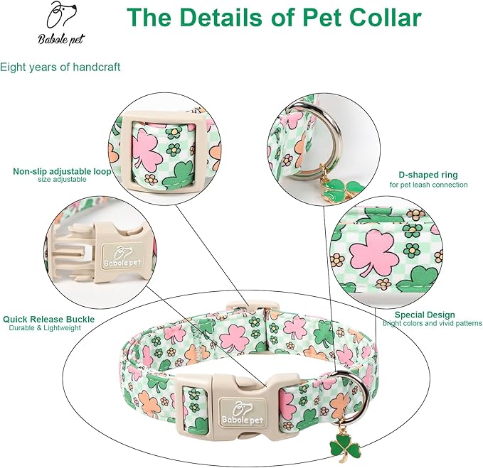 St Patricks Day Dog Collar for Small Dogs - Cute Pastel Lucky Clover Dog Collars, Lightweight Adjustable Irish Green Festival Dogs Collars with Quick Release Buckle S