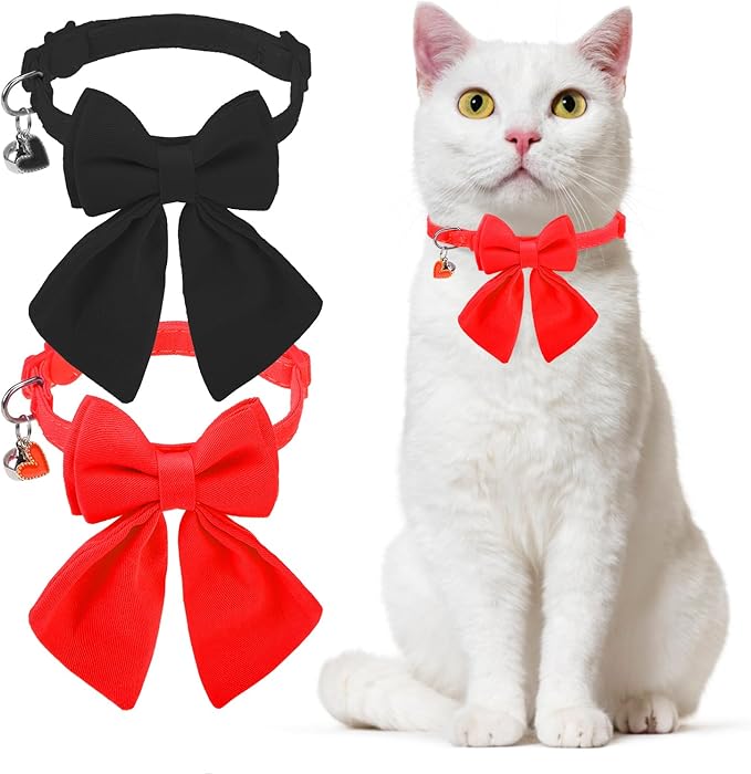 Cat Collar Breakaway with Bells, Soft Pure Cotton Bowtie Collar for Girl Boy Cats, 2 Pack Cute Personalized Small Kitten Collars with Bow for Weddings Parties, Red and Black, 8-12 Inch