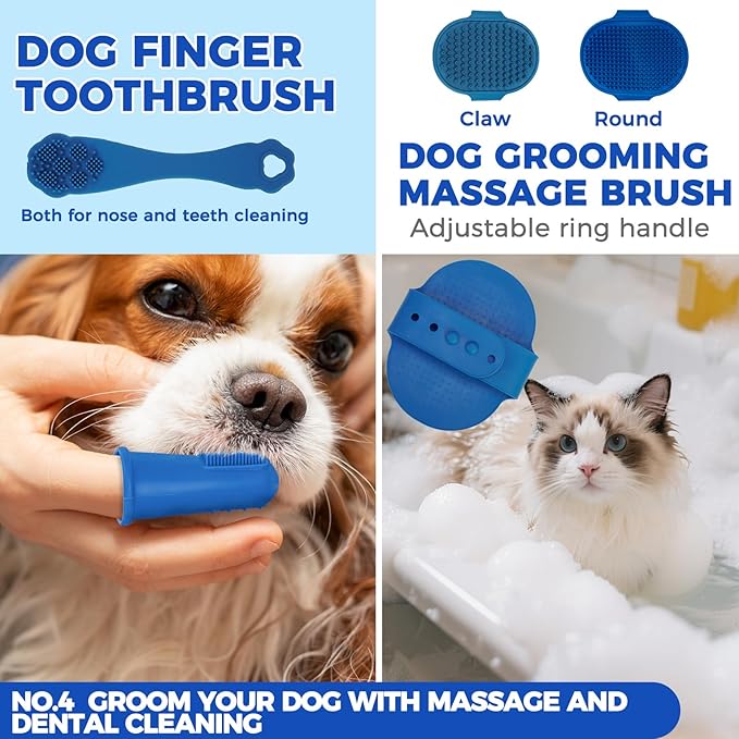 PAWCHIE Bath Grooming Kit for Pets, 9 PCS Hair Brush Set with Towel,Washing Gloves,Bath Brush and Adjustable Handle Shampoo Brush & Scrubber for Short Long Haired Dogs and Cats,Dog Bath Supplies,Blue