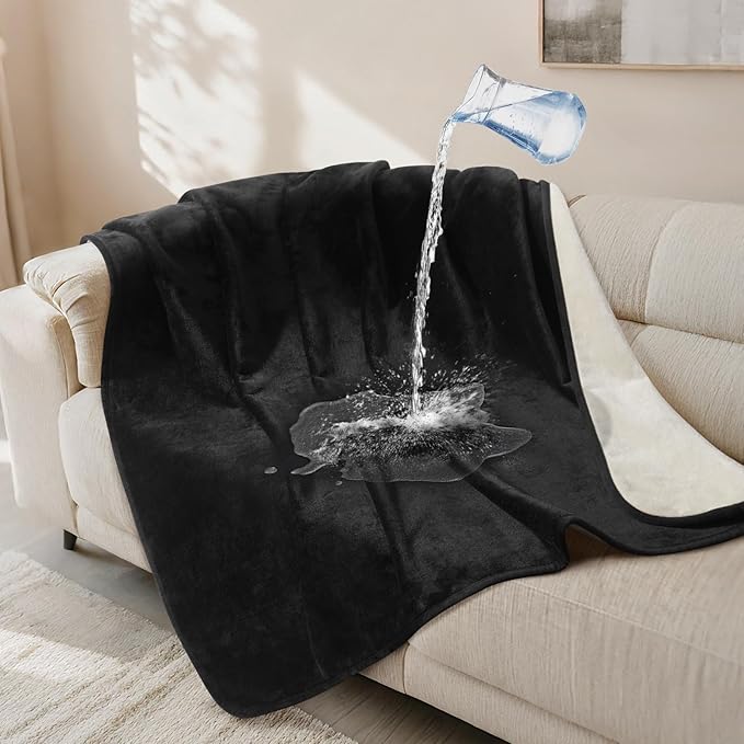 LOOBANI Waterproof Dog Blanket for Couch: Reversible Flannel Bed Blanket for Medium Large Dogs Liquid Proof, Soft Throw Blanket Couch Cover Protector for Sofa, Crate, Travel, 50" x 60", Black & Beige