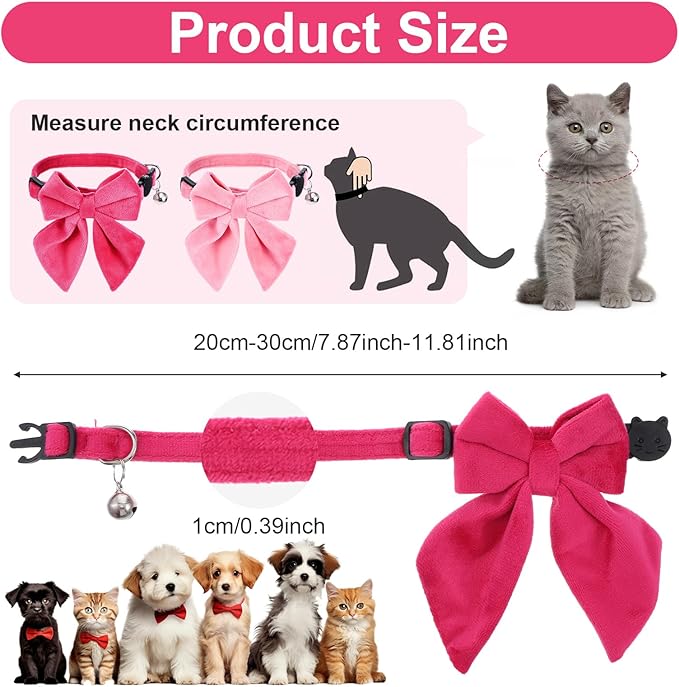 2 Pcs Pink Cat Collar with Bow Bells Breakaway Cat Bowtie Collar with Bell Safety Buckle Cats Collars for Girl Cats Adjustable Soft Cute Kitten Collars for Kitten